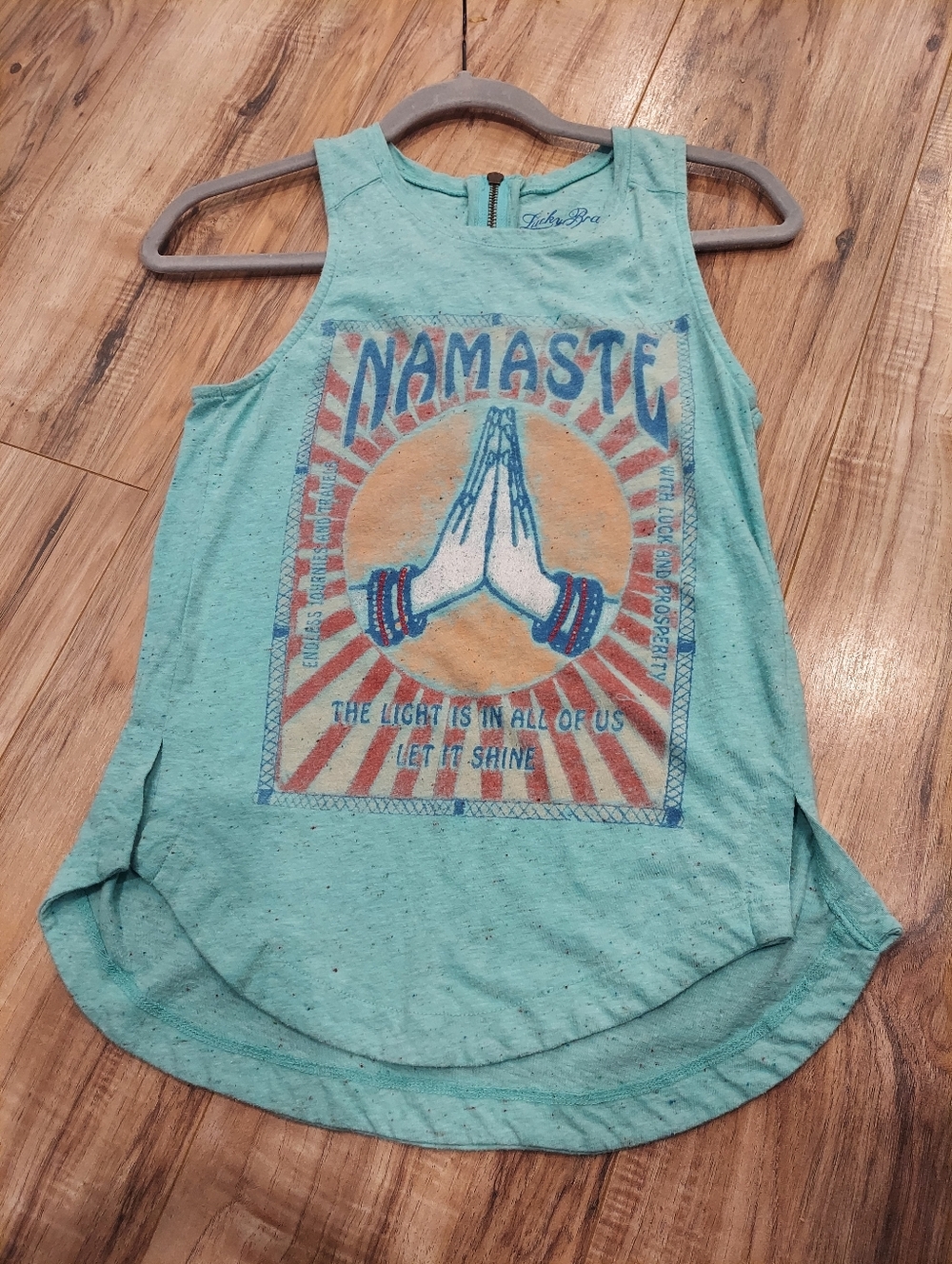 Lucky Brand Tank Top Womens XS Teal Namaste Praying Hand Light Is In All Of Us